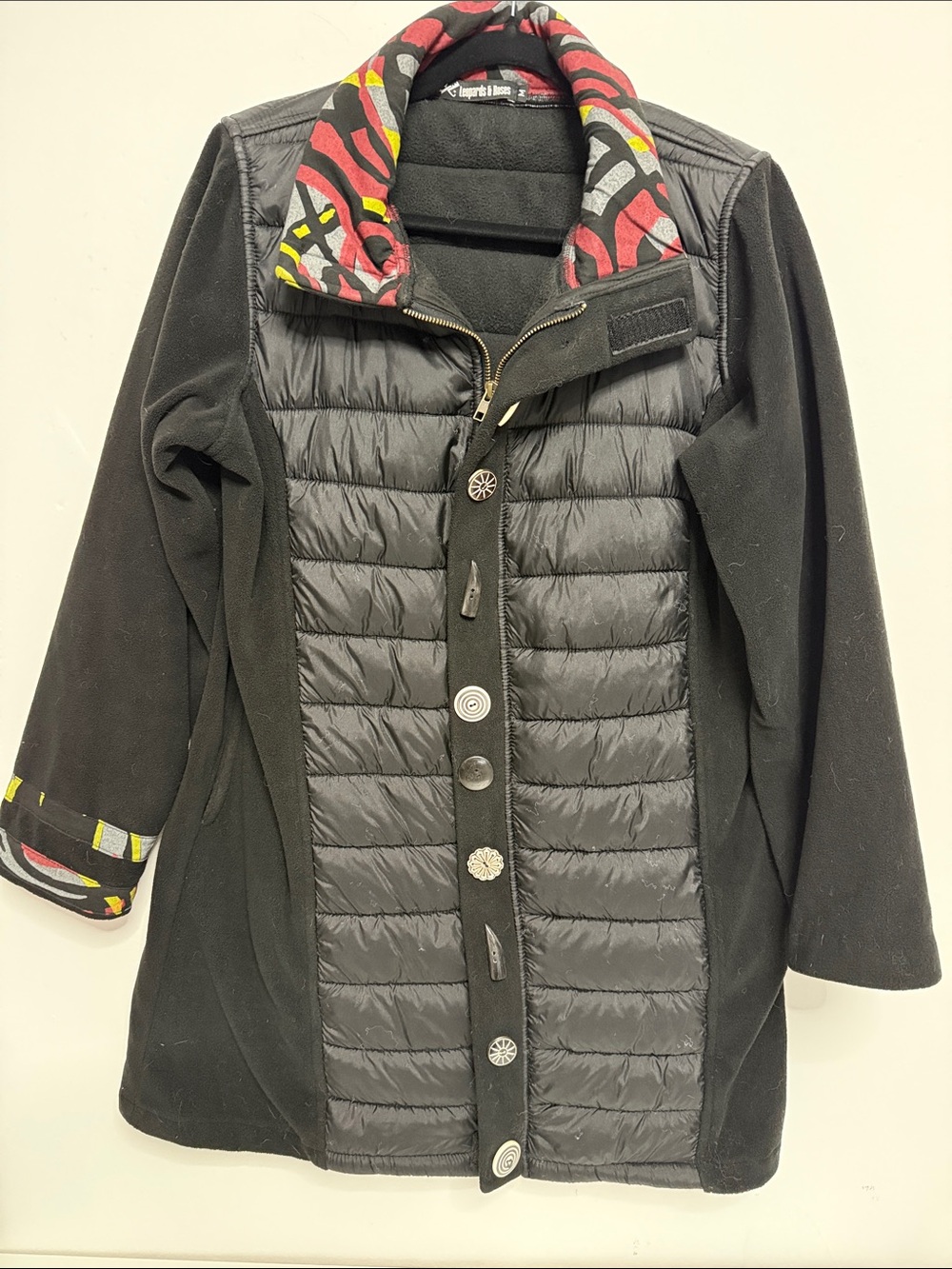 Black Mixed-Media Puffer Coat with Patterned Collar